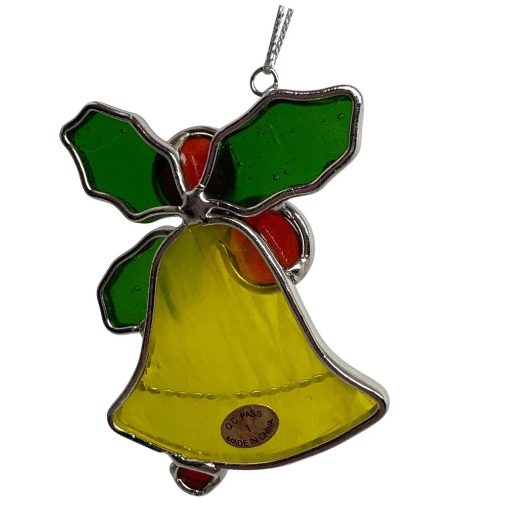 Stained Glass Bell Ornament Holly Berries Christmas Tree Decor Festive Red Green